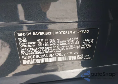 2022 BMW X5 xDrive40I from USA, damaged, VIN 5UXCR6C06N9M52957